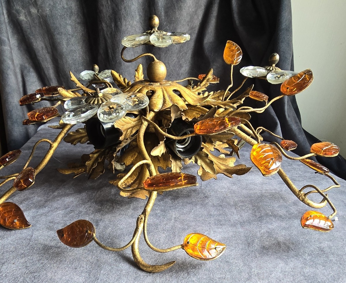 Antica plafoniera Banci in ferro dorato, cristalli e cabochon di vetro-photo-6