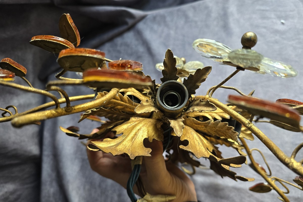 Antica plafoniera Banci in ferro dorato, cristalli e cabochon di vetro-photo-7