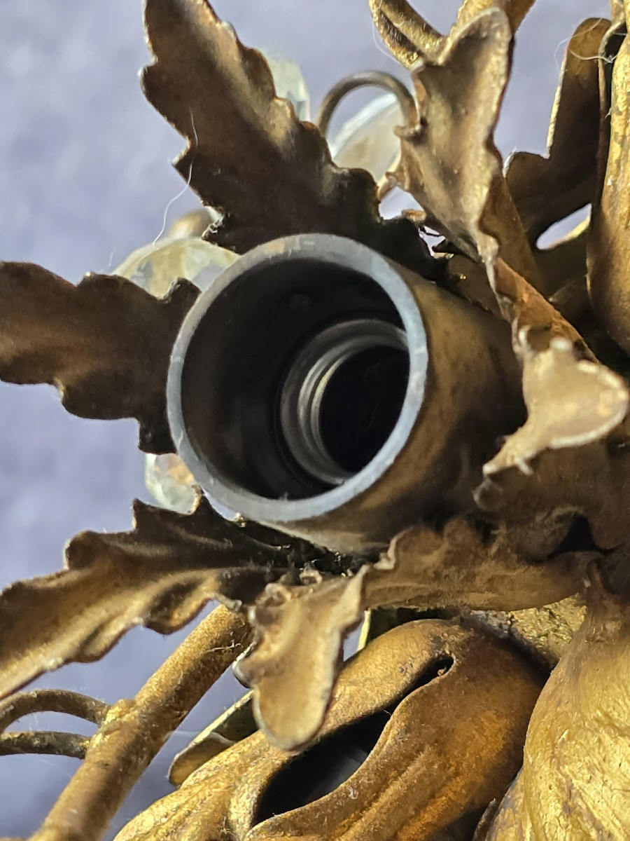 Antica plafoniera Banci in ferro dorato, cristalli e cabochon di vetro-photo-8