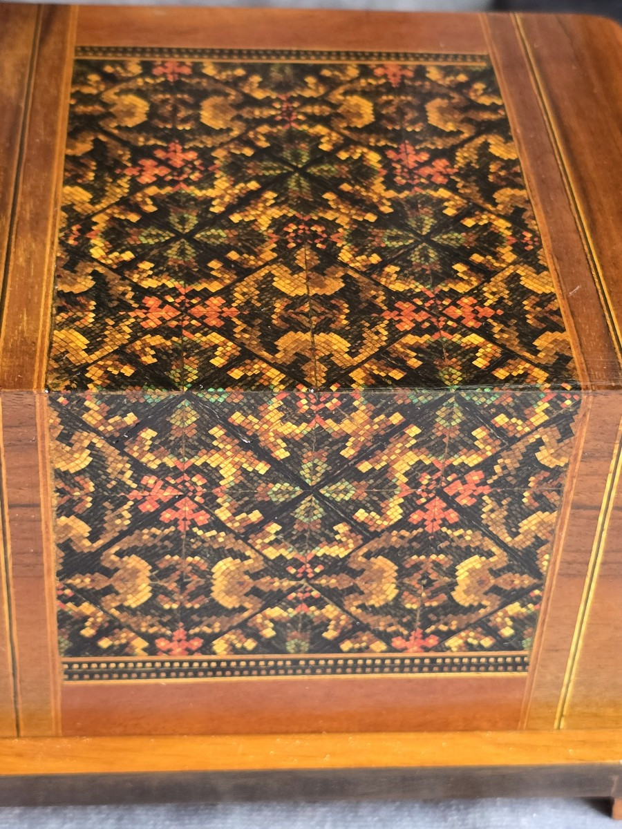 Antica scatola portasigarette in legno intarsiato, Italia, metà del XX secolo-photo-3