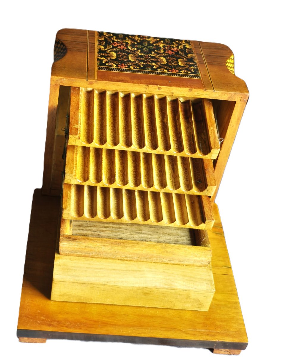 Antica scatola portasigarette in legno intarsiato, Italia, metà del XX secolo-photo-5