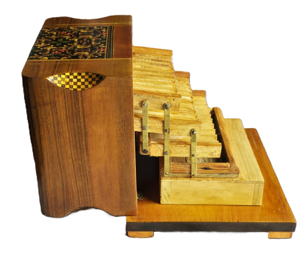 Antica scatola portasigarette in legno intarsiato, Italia, metà del XX secolo-photo-6