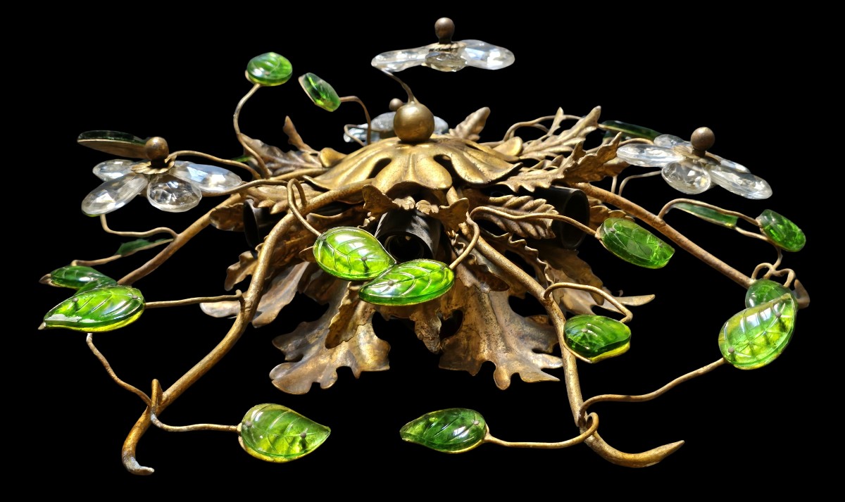 Antica plafoniera Banci in ferro dorato con fiori in cristallo e foglie cabochon di vetro-photo-2