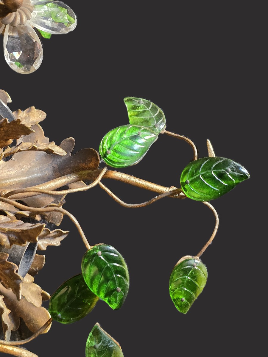 Antica plafoniera Banci in ferro dorato con fiori in cristallo e foglie cabochon di vetro-photo-3