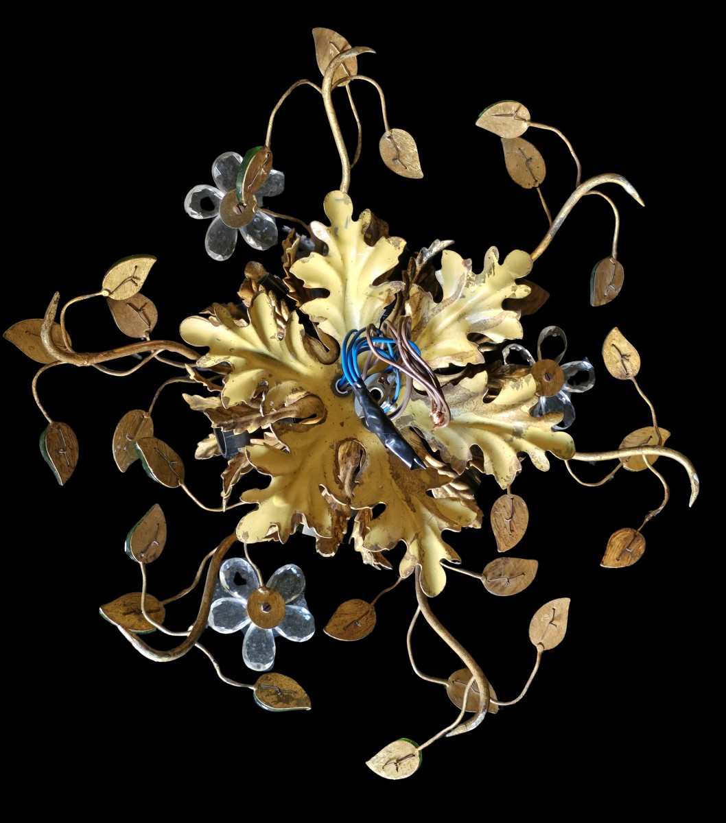 Antica plafoniera Banci in ferro dorato con fiori in cristallo e foglie cabochon di vetro-photo-4