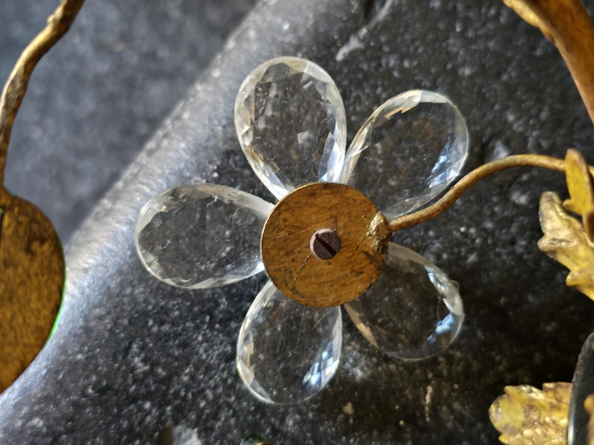 Antica plafoniera Banci in ferro dorato con fiori in cristallo e foglie cabochon di vetro-photo-1