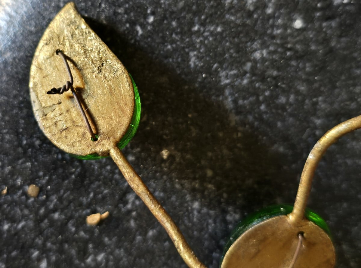 Antica plafoniera Banci in ferro dorato con fiori in cristallo e foglie cabochon di vetro-photo-2