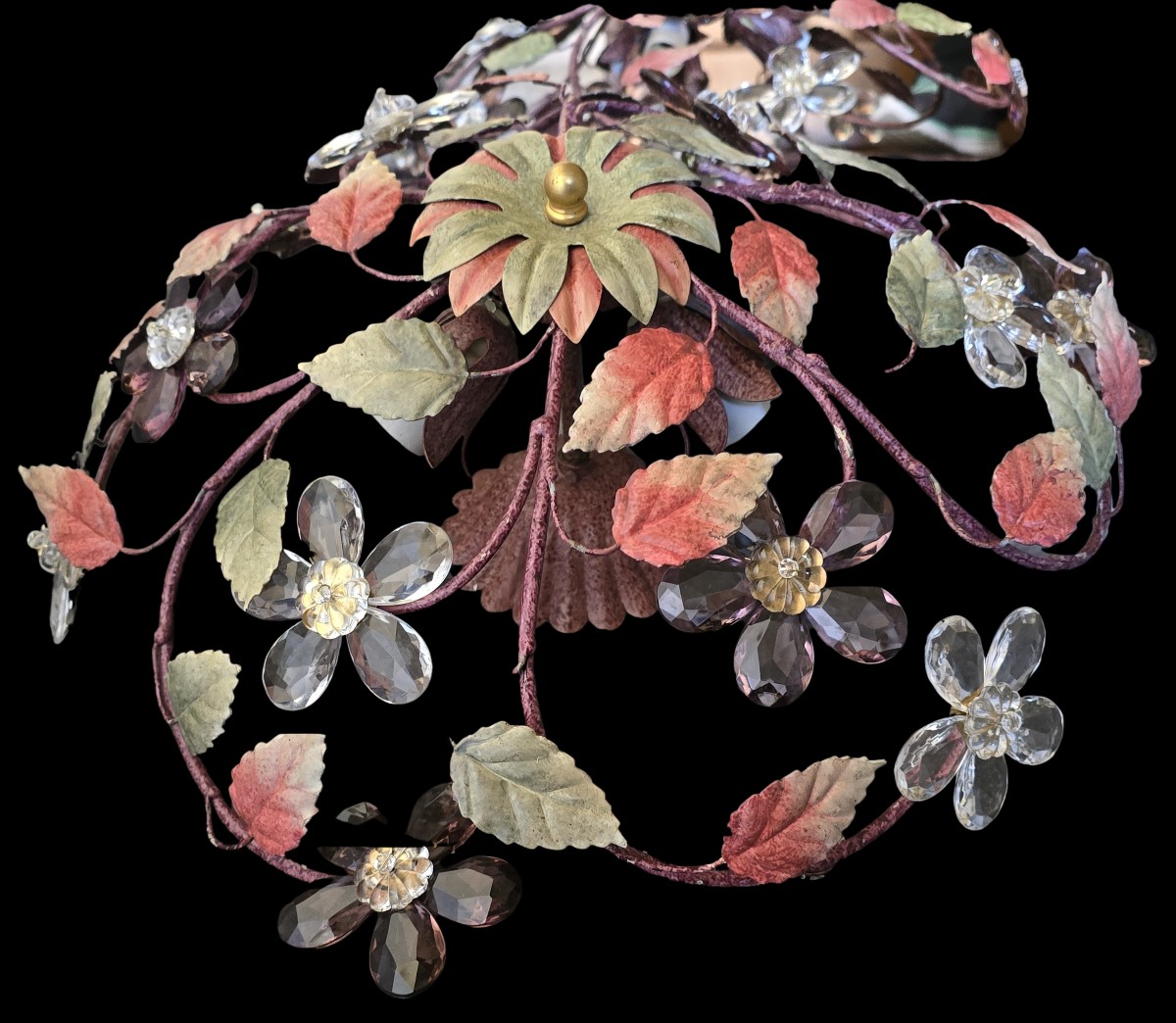 coppia di antiche plafoniere in ferro e cristalli, artigianato fiorentino, circa 1960-photo-2