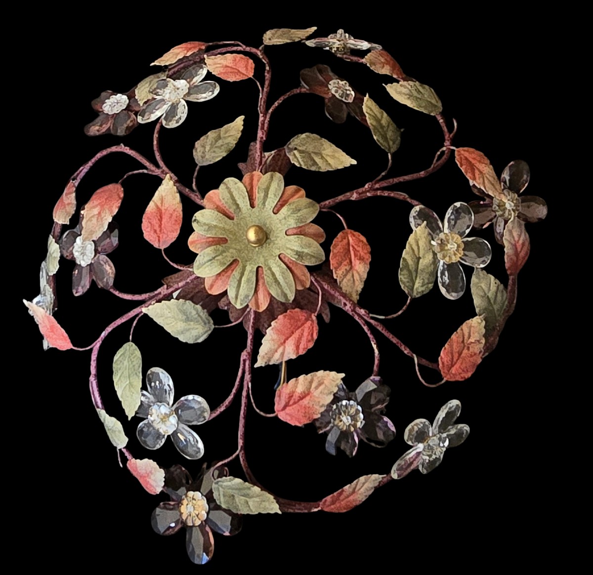 coppia di antiche plafoniere in ferro e cristalli, artigianato fiorentino, circa 1960-photo-3