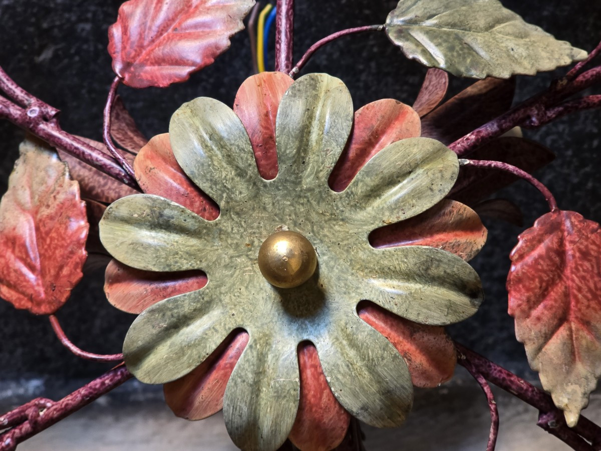 coppia di antiche plafoniere in ferro e cristalli, artigianato fiorentino, circa 1960-photo-4