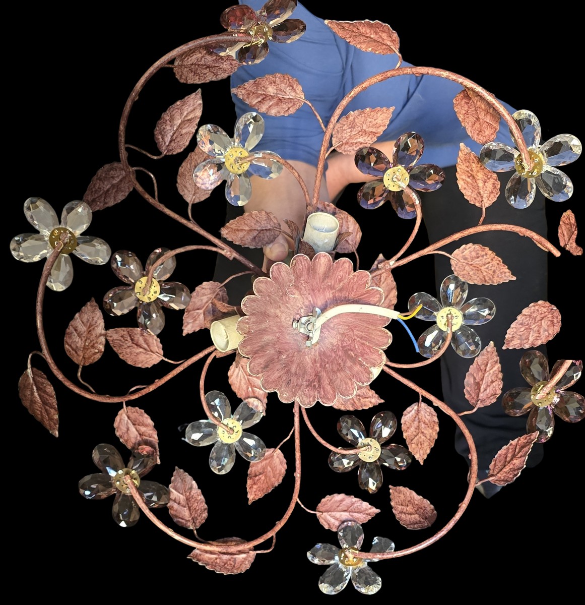 coppia di antiche plafoniere in ferro e cristalli, artigianato fiorentino, circa 1960-photo-1