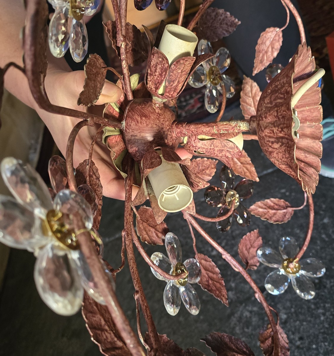 coppia di antiche plafoniere in ferro e cristalli, artigianato fiorentino, circa 1960-photo-2