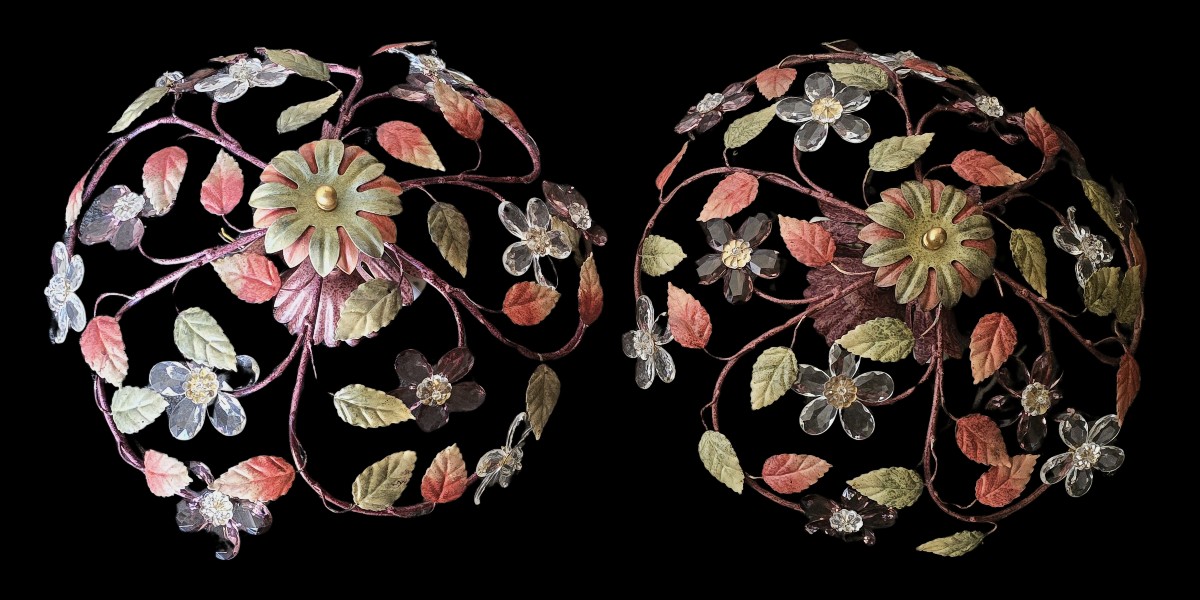 coppia di antiche plafoniere in ferro e cristalli, artigianato fiorentino, circa 1960