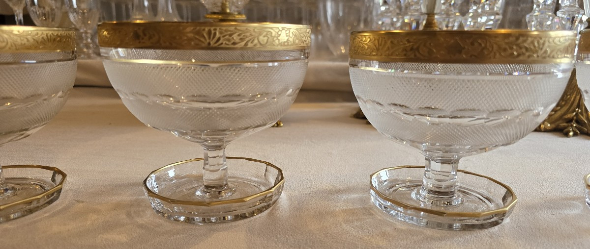 Insieme di 4 coppe da dessert in cristallo inciso, intagliato e dorato stile Moser-photo-3