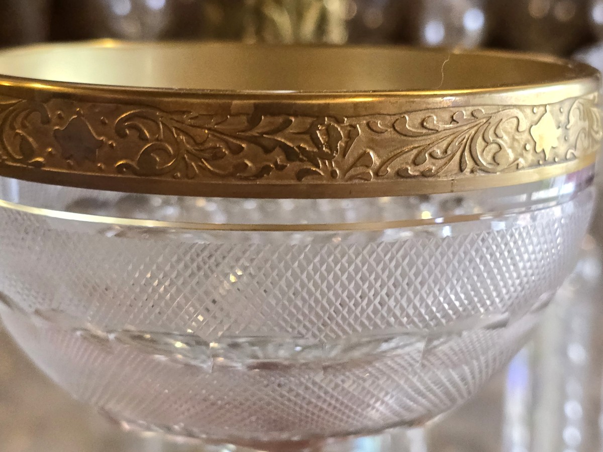 Insieme di 4 coppe da dessert in cristallo inciso, intagliato e dorato stile Moser-photo-1