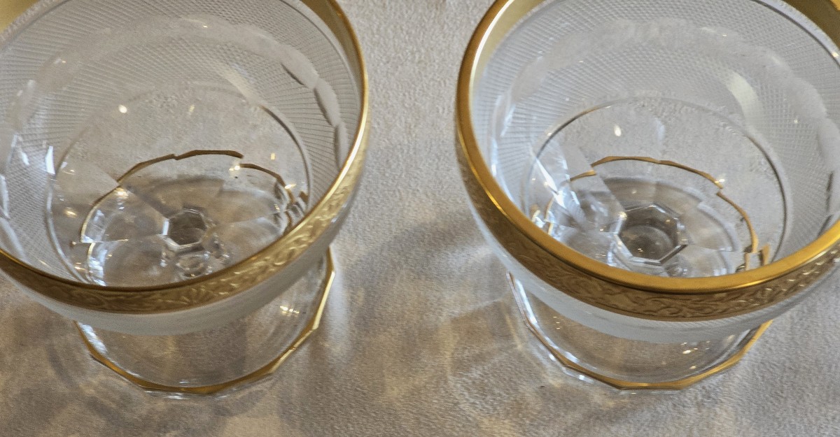 Insieme di 4 coppe da dessert in cristallo inciso, intagliato e dorato stile Moser-photo-3