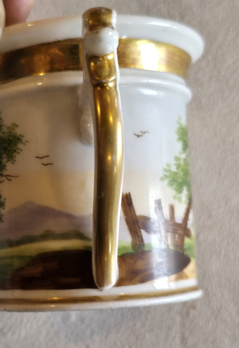 Antica tazza da caffè con il suo piattino in porcellana dipinta, XIX secolo-photo-4