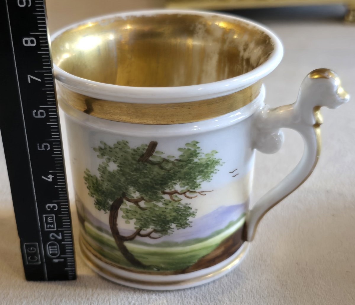 Antica tazza da caffè con il suo piattino in porcellana dipinta, XIX secolo-photo-4