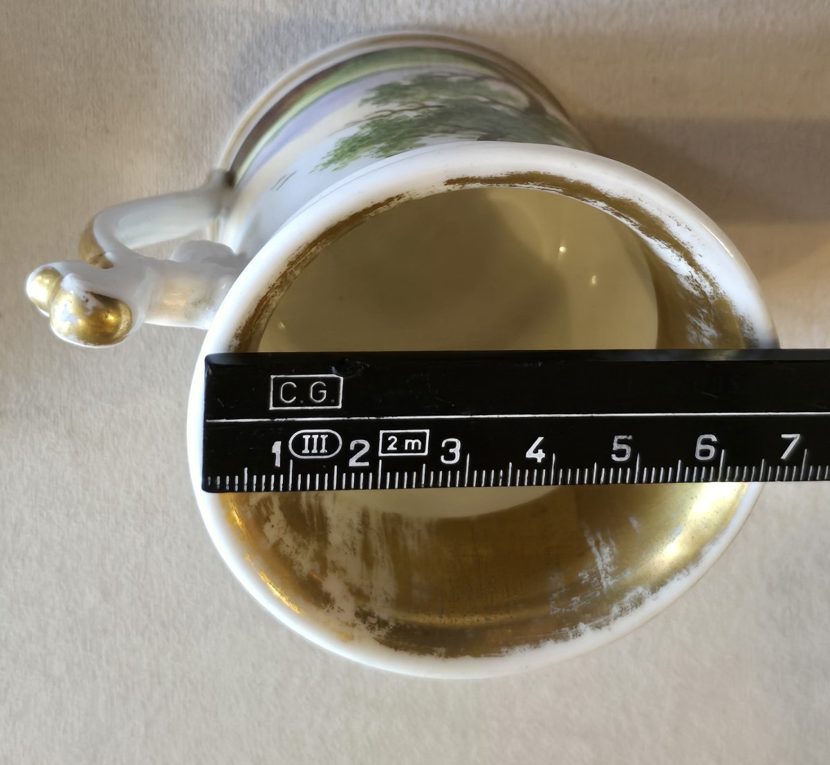 Antica tazza da caffè con il suo piattino in porcellana dipinta, XIX secolo-photo-5