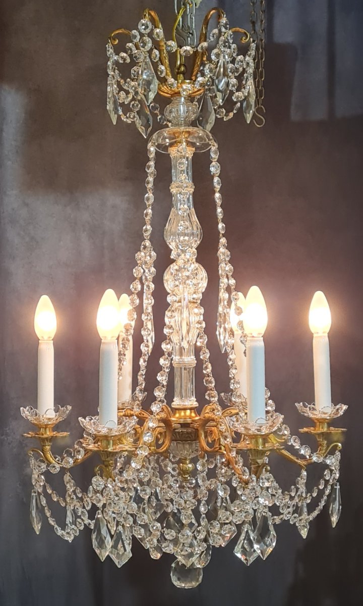 Antico lampadario in bronzo e cristallo, XIX secolo, stile Luigi XVI-photo-2