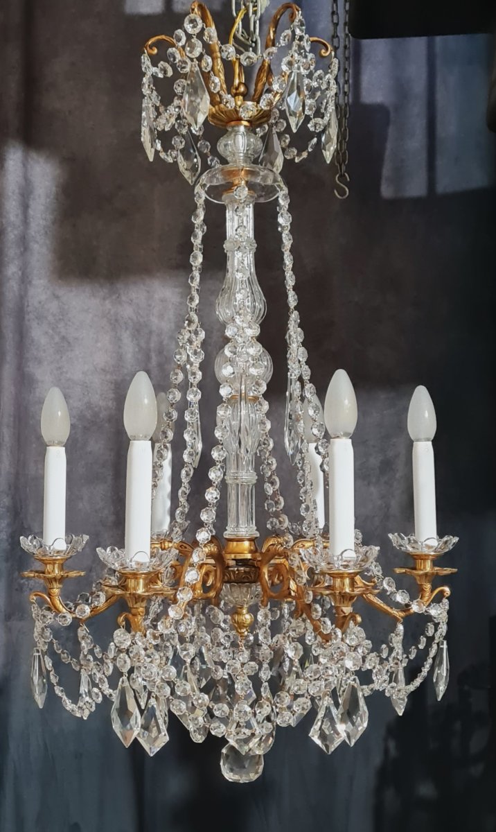 Antico lampadario in bronzo e cristallo, XIX secolo, stile Luigi XVI-photo-3
