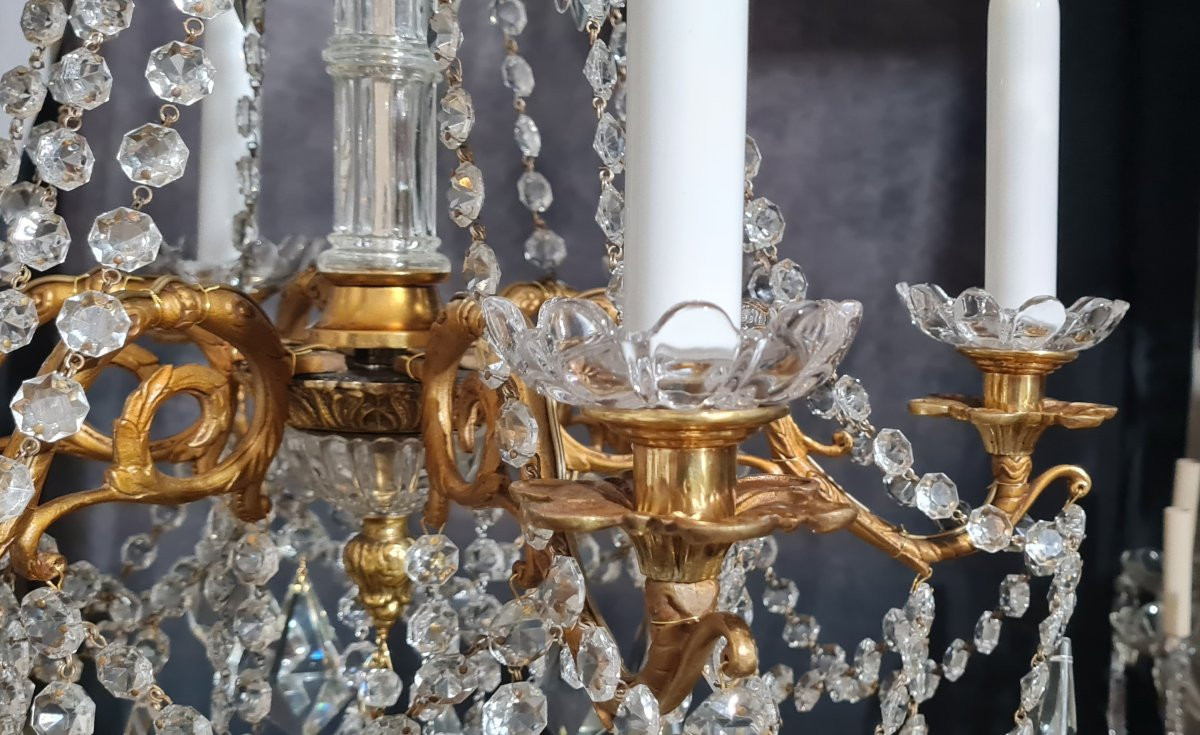 Antico lampadario in bronzo e cristallo, XIX secolo, stile Luigi XVI-photo-1