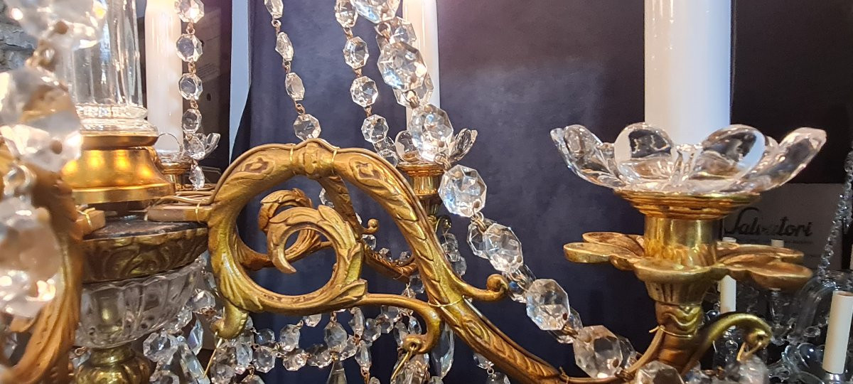 Antico lampadario in bronzo e cristallo, XIX secolo, stile Luigi XVI-photo-2