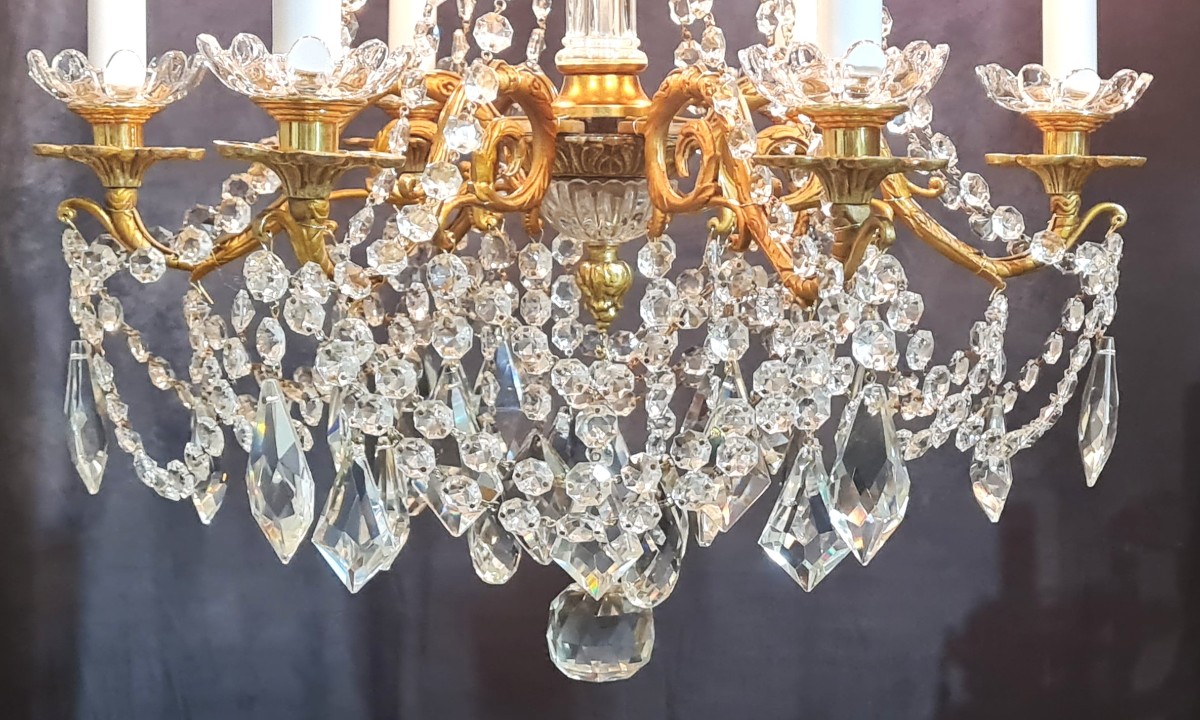 Antico lampadario in bronzo e cristallo, XIX secolo, stile Luigi XVI
