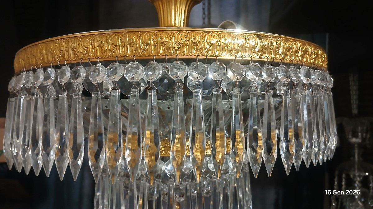 Grande plafoniera antica in bronzo e cristallo-photo-2