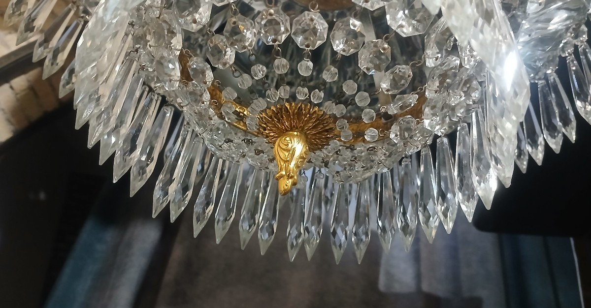 Grande plafoniera antica in bronzo e cristallo-photo-3