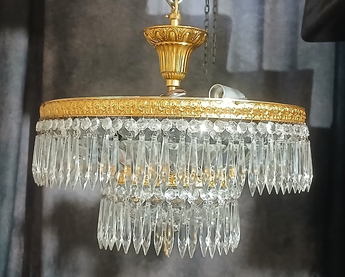 Grande plafoniera antica in bronzo e cristallo