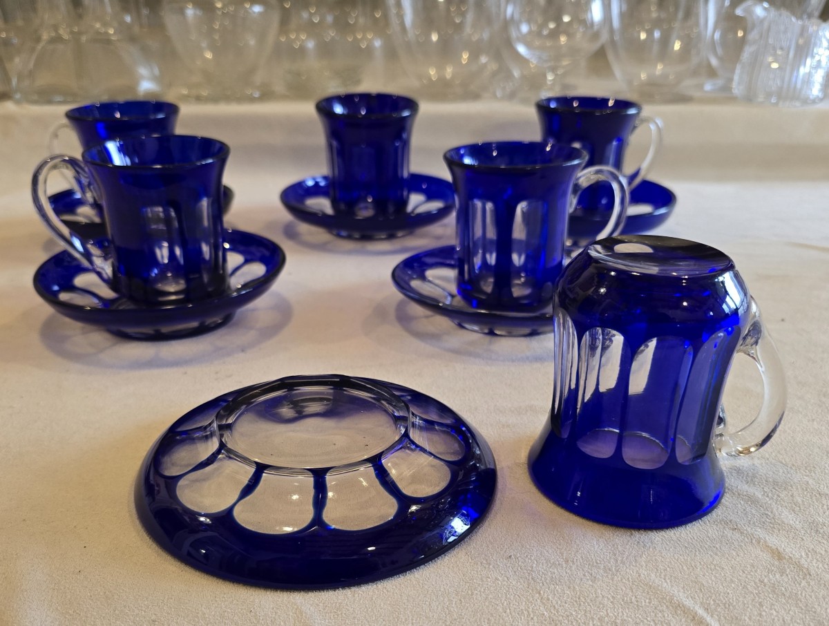 Insieme di 6 tazze con piattini in vetro incamicato, d’epoca.-photo-4