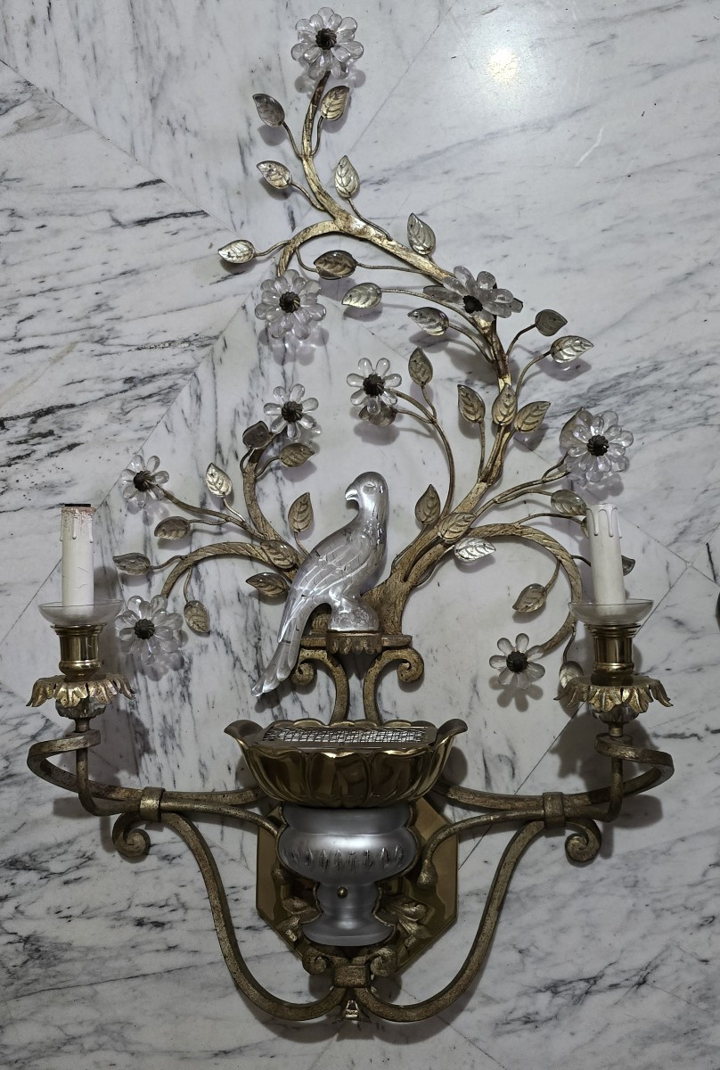 Grande coppia di applique antiche con pappagallo in ferro e cristallo, Banci, anni 1980-photo-2