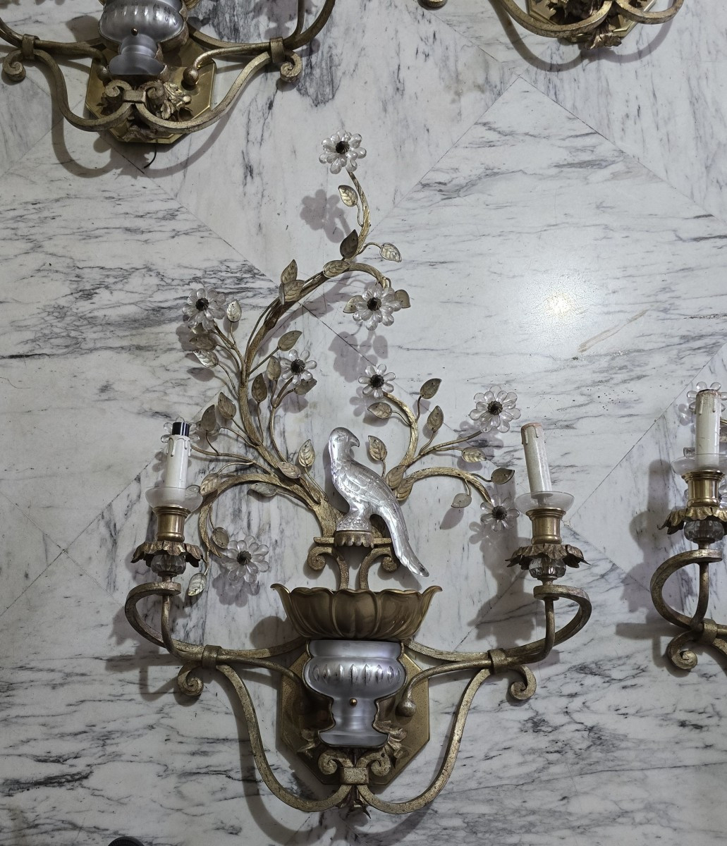 Grande coppia di applique antiche con pappagallo in ferro e cristallo, Banci, anni 1980-photo-3