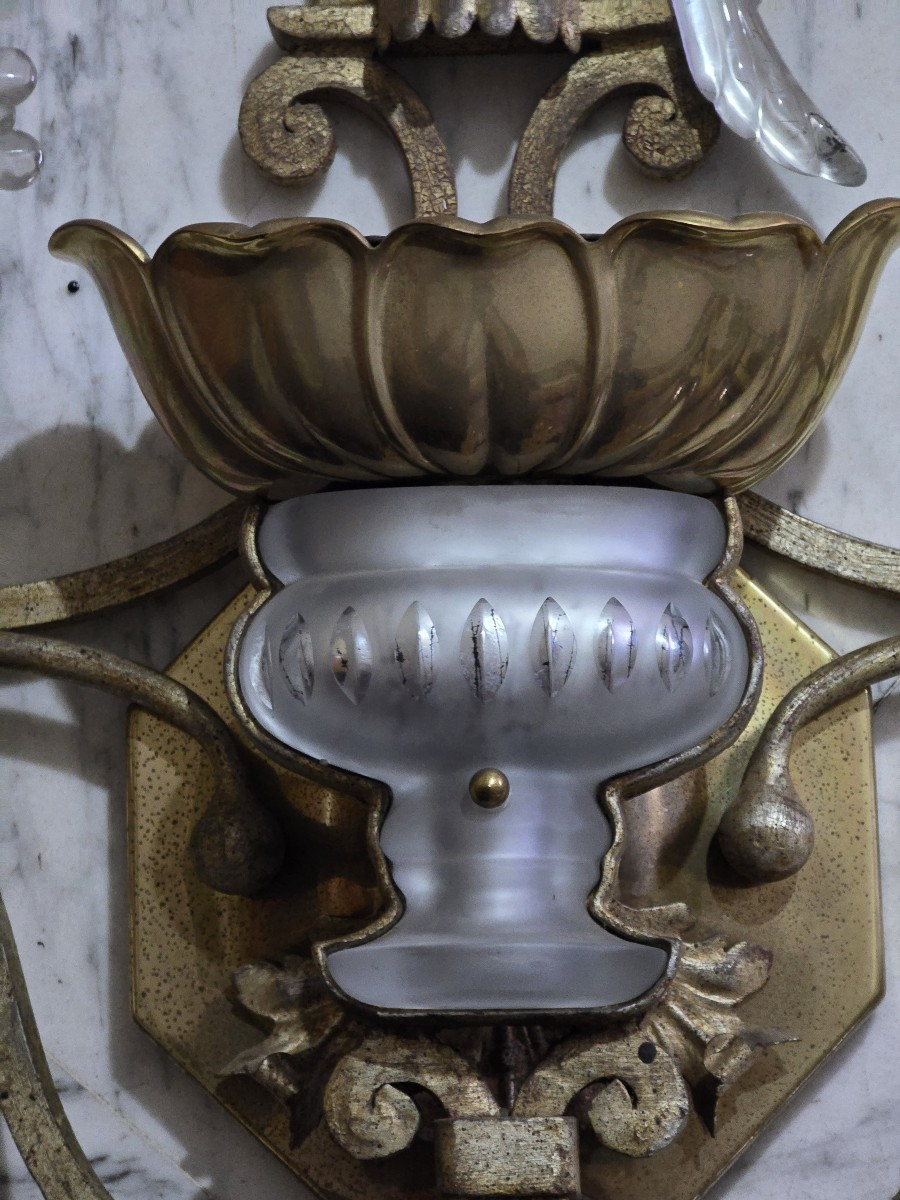 Grande coppia di applique antiche con pappagallo in ferro e cristallo, Banci, anni 1980-photo-3