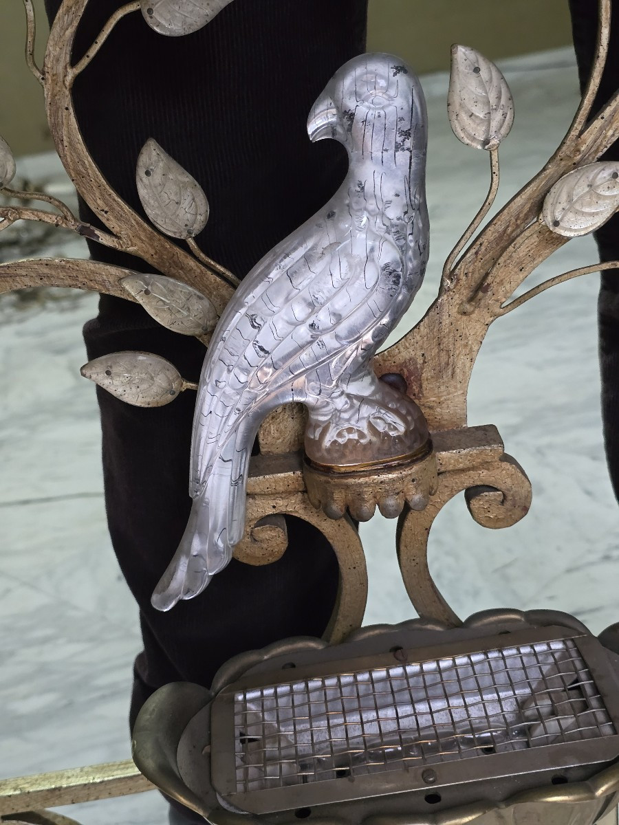 Grande coppia di applique antiche con pappagallo in ferro e cristallo, Banci, anni 1980-photo-4