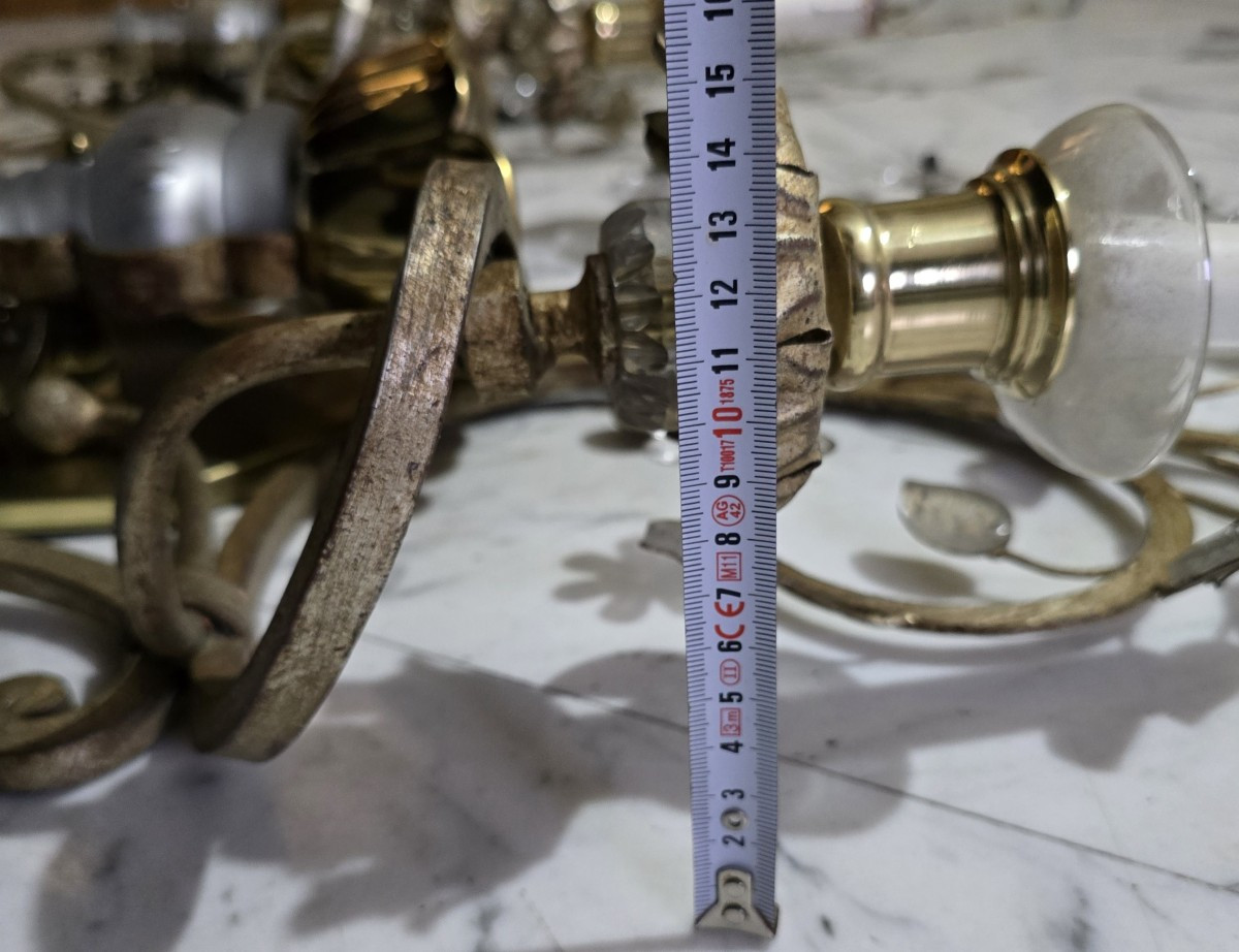 Grande coppia di applique antiche con pappagallo in ferro e cristallo, Banci, anni 1980-photo-7