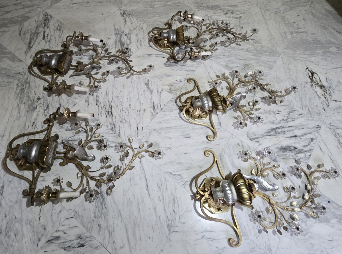 Grande coppia di applique antiche con pappagallo in ferro e cristallo, Banci, anni 1980-photo-8