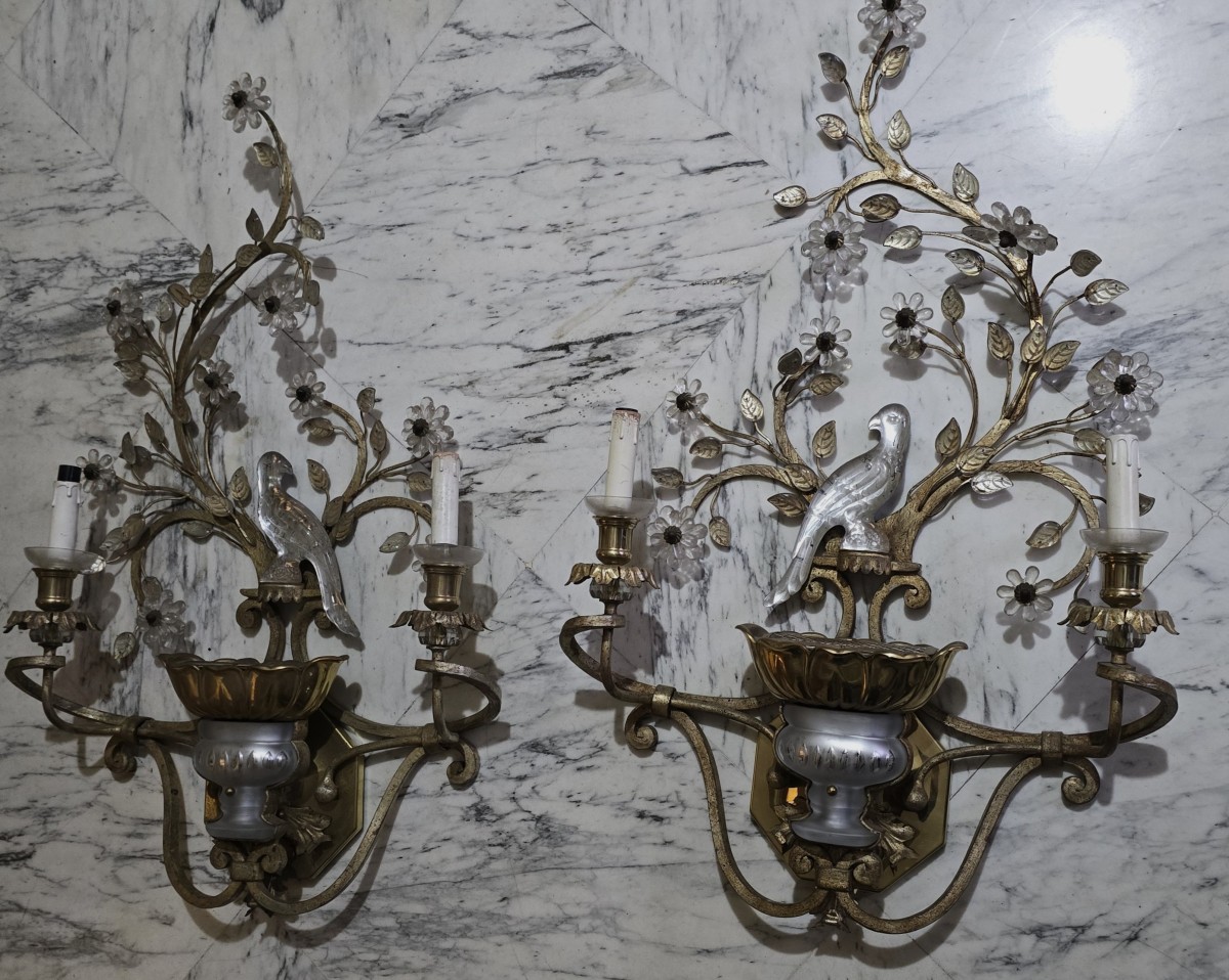 Grande coppia di applique antiche con pappagallo in ferro e cristallo, Banci, anni 1980