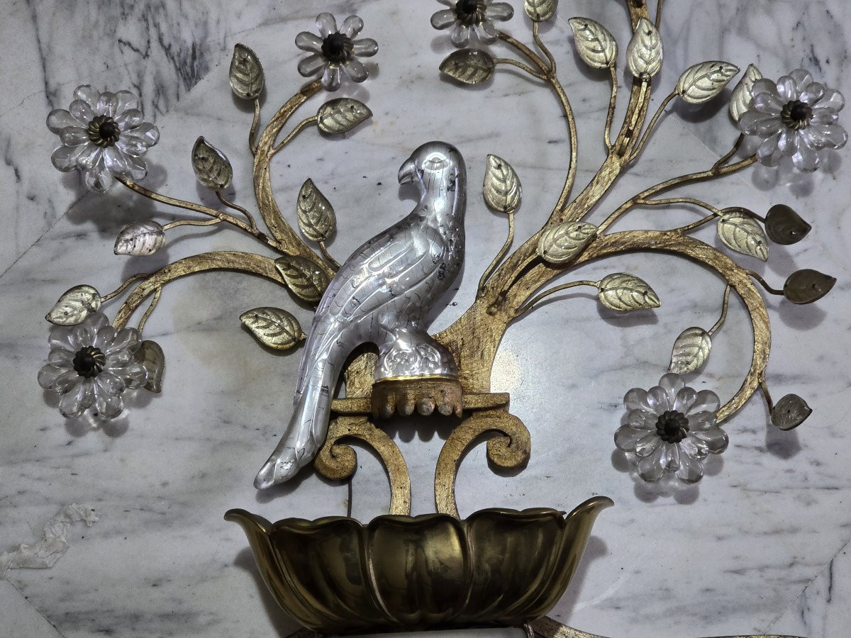 Coppia di grandi applique antiche con pappagallo in ferro e cristallo, Banci, 1980 circa-photo-2