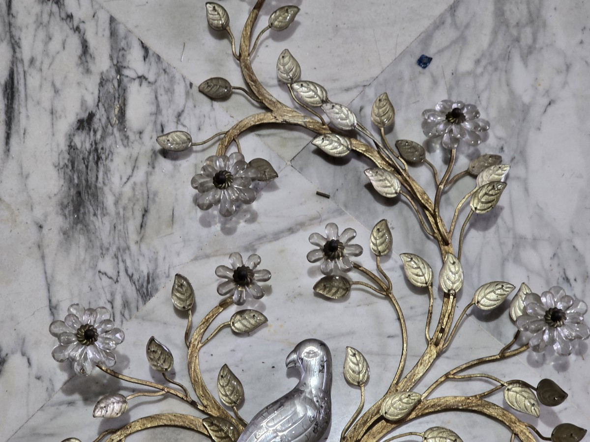 Coppia di grandi applique antiche con pappagallo in ferro e cristallo, Banci, 1980 circa-photo-3