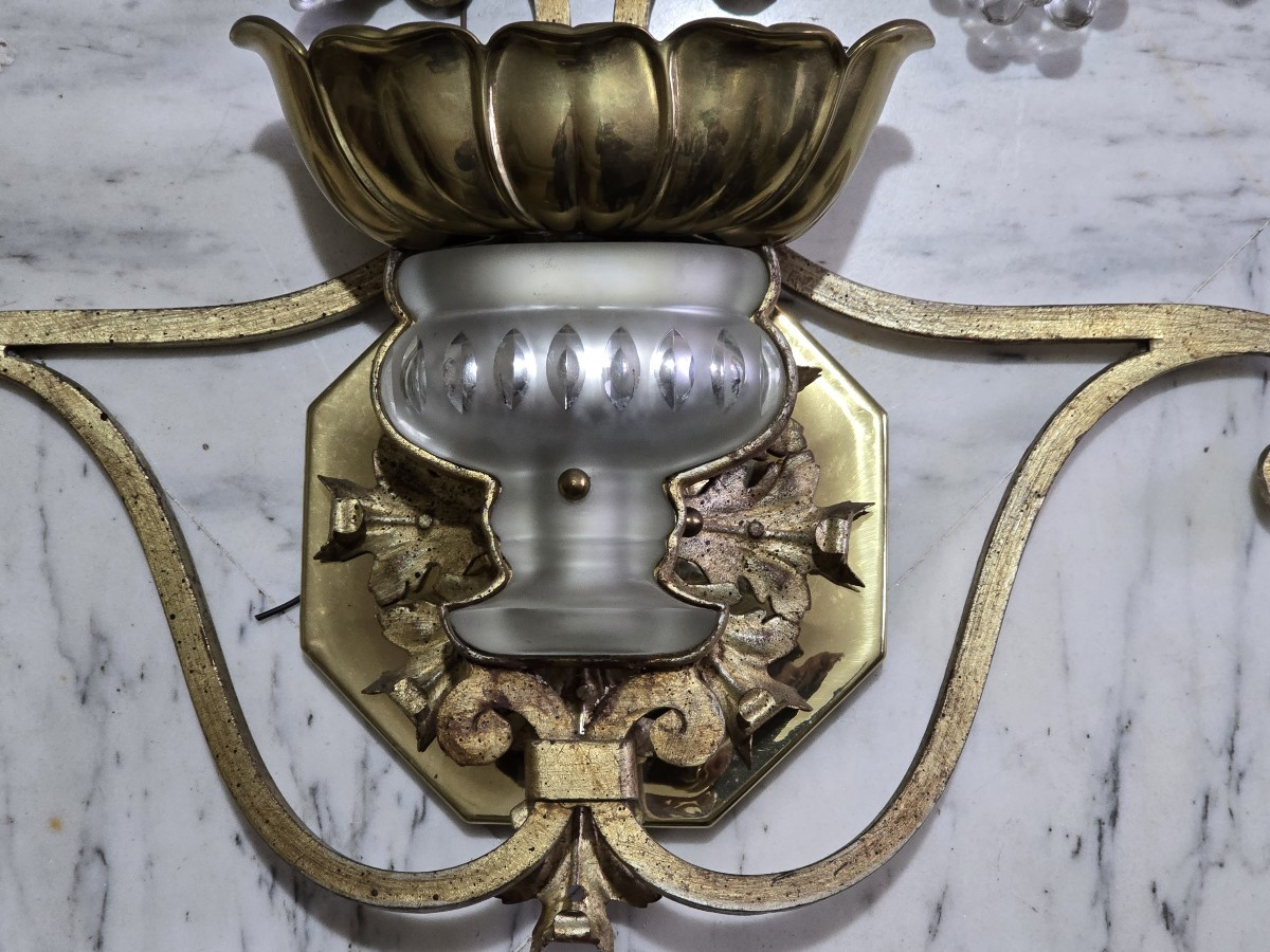 Coppia di grandi applique antiche con pappagallo in ferro e cristallo, Banci, 1980 circa-photo-4