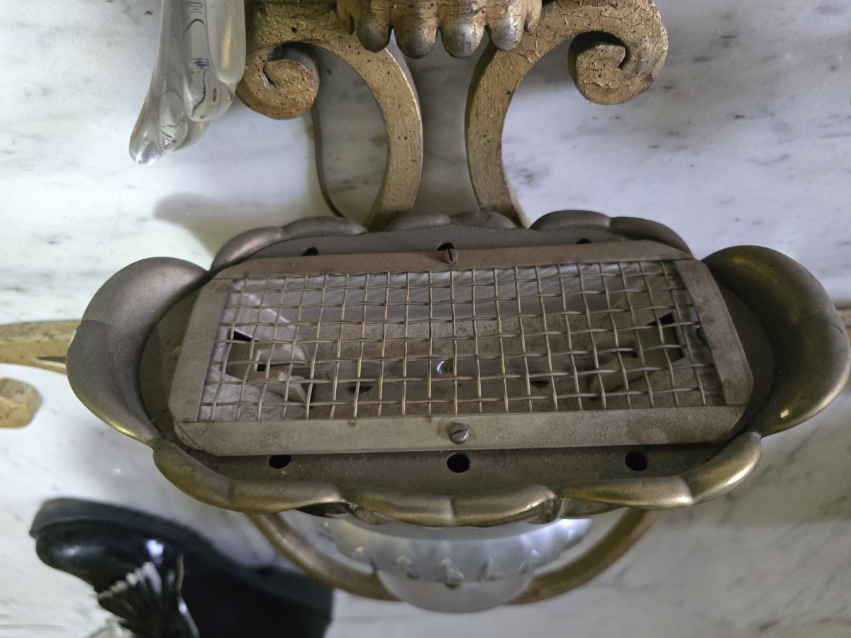 Coppia di grandi applique antiche con pappagallo in ferro e cristallo, Banci, 1980 circa-photo-1