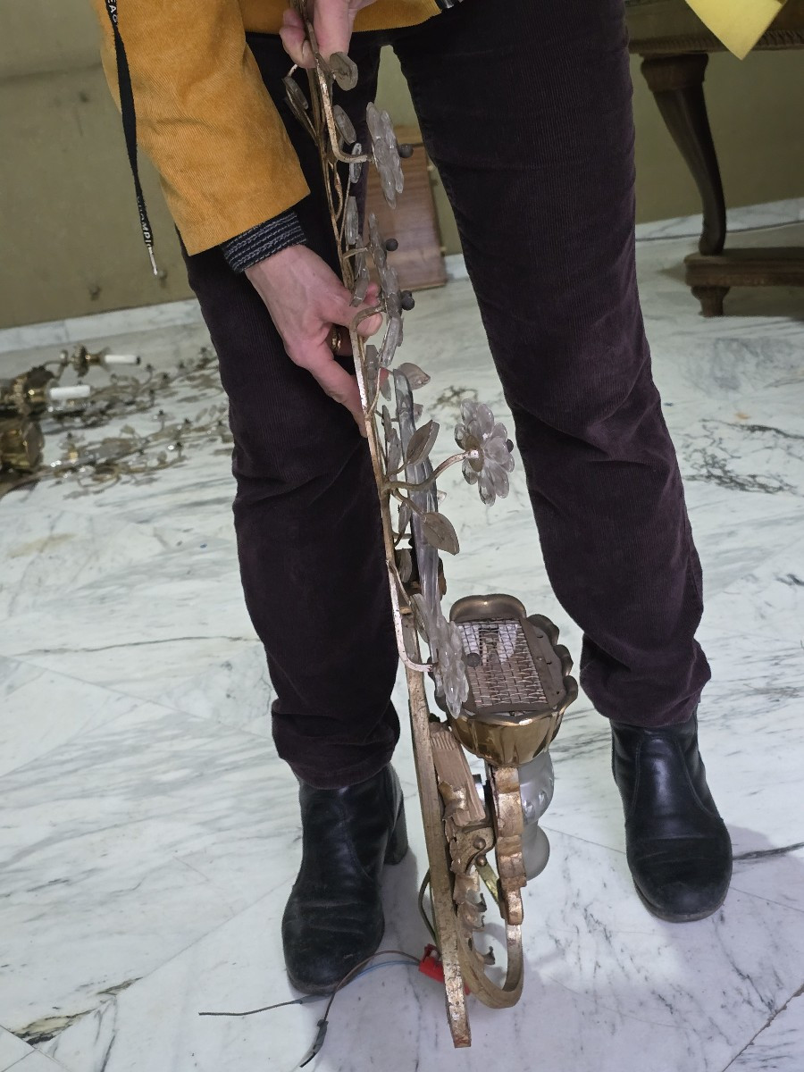 Coppia di grandi applique antiche con pappagallo in ferro e cristallo, Banci, 1980 circa-photo-3