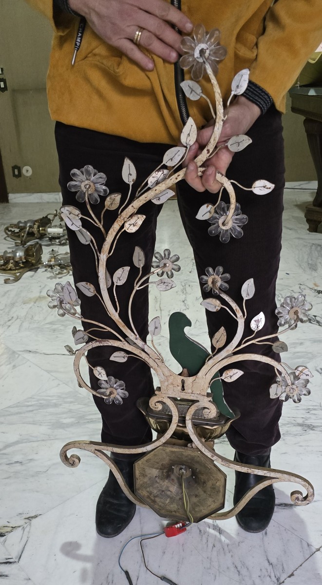 Coppia di grandi applique antiche con pappagallo in ferro e cristallo, Banci, 1980 circa-photo-4