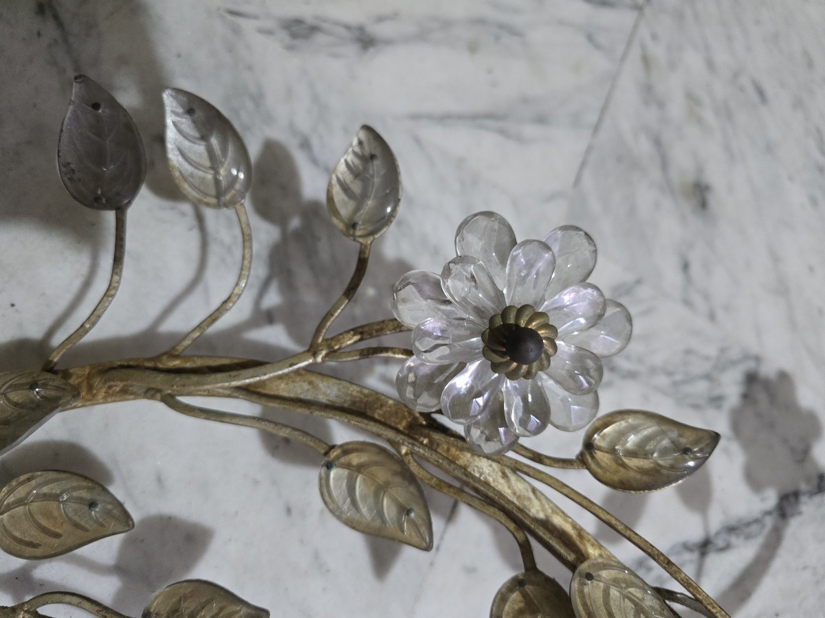 Coppia di grandi applique antiche con pappagallo in ferro e cristallo, Banci, 1980 circa-photo-5