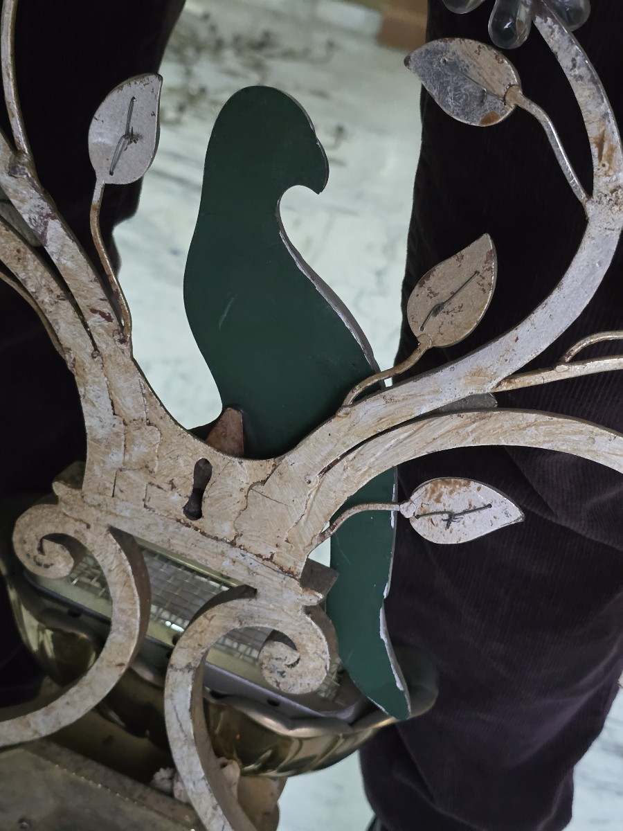 Coppia di grandi applique antiche con pappagallo in ferro e cristallo, Banci, 1980 circa-photo-7