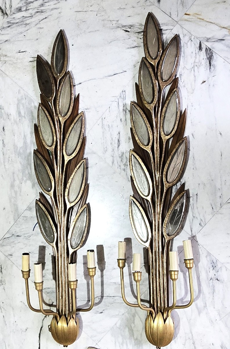 Grande coppia di appliques a ramage in legno e specchi, stile Hollywood Regency, anni 1970-photo-2