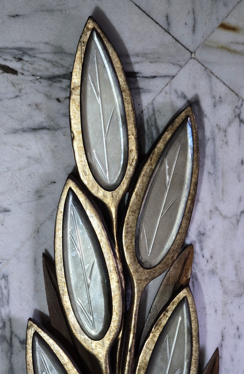 Grande coppia di appliques a ramage in legno e specchi, stile Hollywood Regency, anni 1970-photo-4