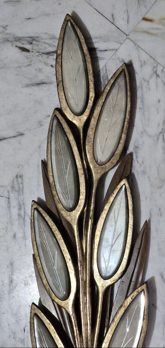 Grande coppia di appliques a ramage in legno e specchi, stile Hollywood Regency, anni 1970-photo-3